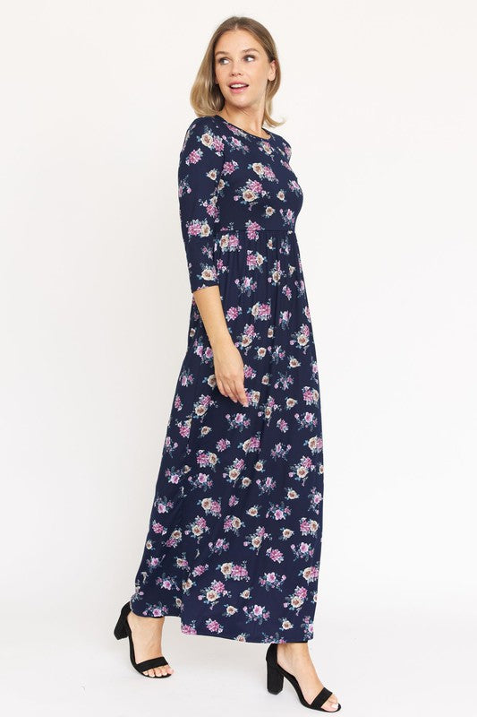 Bouquet Quarter Sleeve Empire Waist Maxi Dress - cropped, maxi - color options
