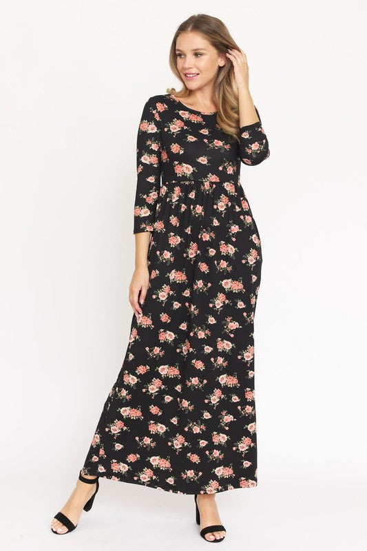 Bouquet Quarter Sleeve Empire Waist Maxi Dress in black coral - cropped, maxi - front view