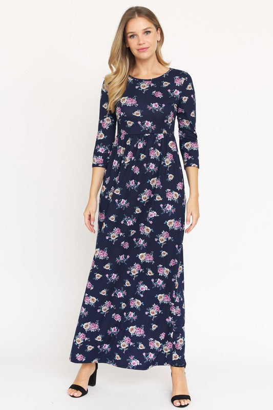 Bouquet Quarter Sleeve Empire Waist Maxi Dress in Navy Purple - cropped, maxi - alternate view