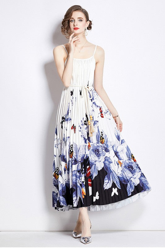 Breeze Pleated Floral Maxi Dress with Adjustable Straps in WHITE MULTI - maxi, cardigan - front view