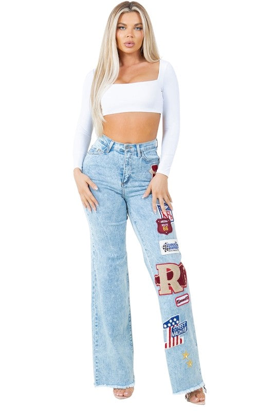 Brook Varsity Patchwork High Rise Wide Leg Jeans in Light Wash - cropped, maxi - alternate view