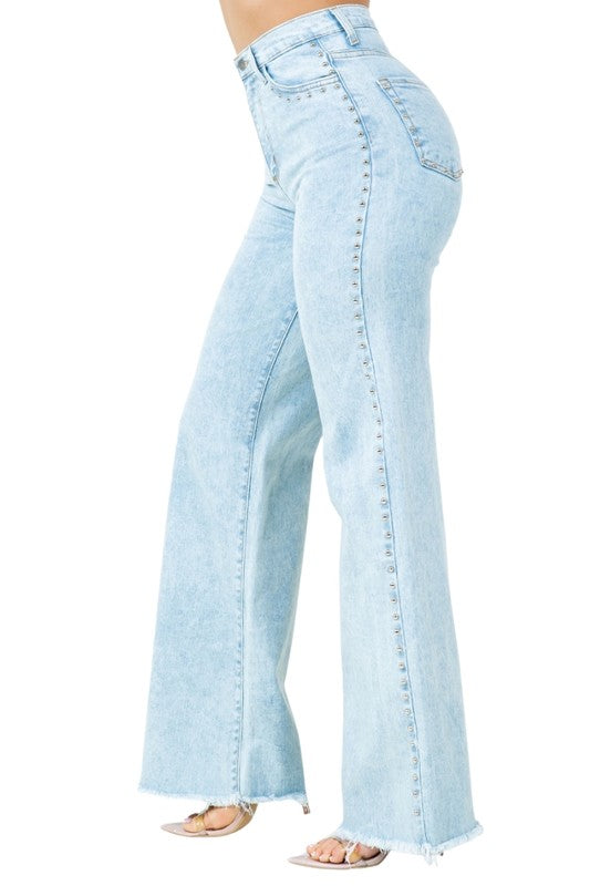 Brooklyn Studded High Rise Wide Leg Jeans in Light Wash - oversized, wide leg - front view