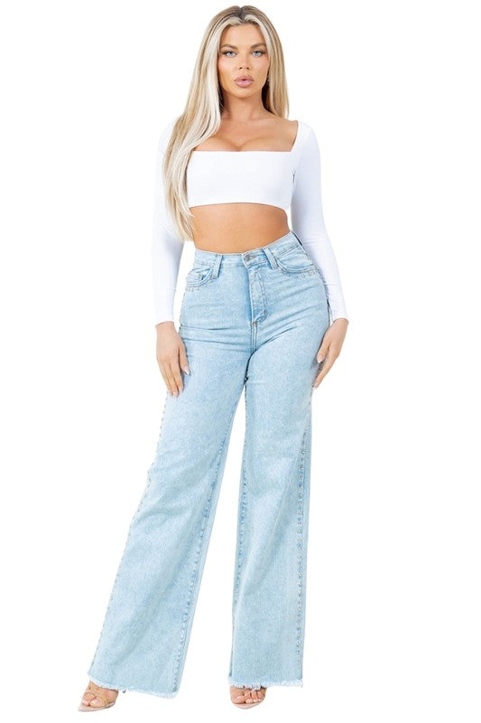 Brooklyn Studded High Rise Wide Leg Jeans in Light Wash - oversized, wide leg - detail view