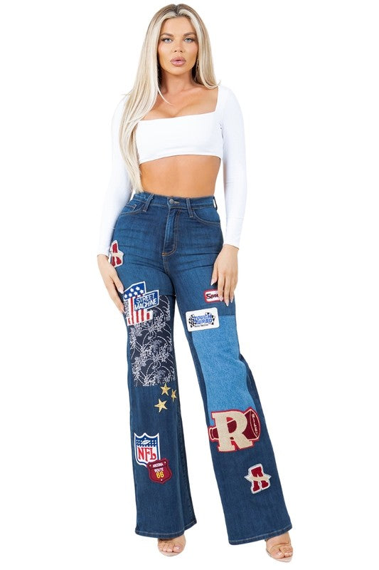 Brooklyn Varsity Patchwork Wide Leg Denim in Dark Wash - oversized, cropped - front view