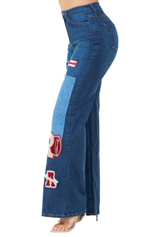 Brooklyn Varsity Patchwork Wide Leg Denim in Dark Wash - oversized, cropped - alternate view