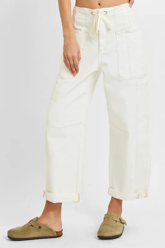 High-rise barrel-leg utility jeans with drawstring waist