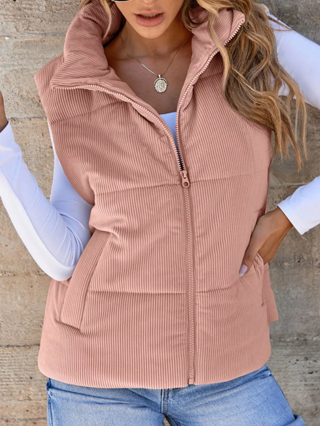 Pink Corduroy stand collar zip-up puffer vest