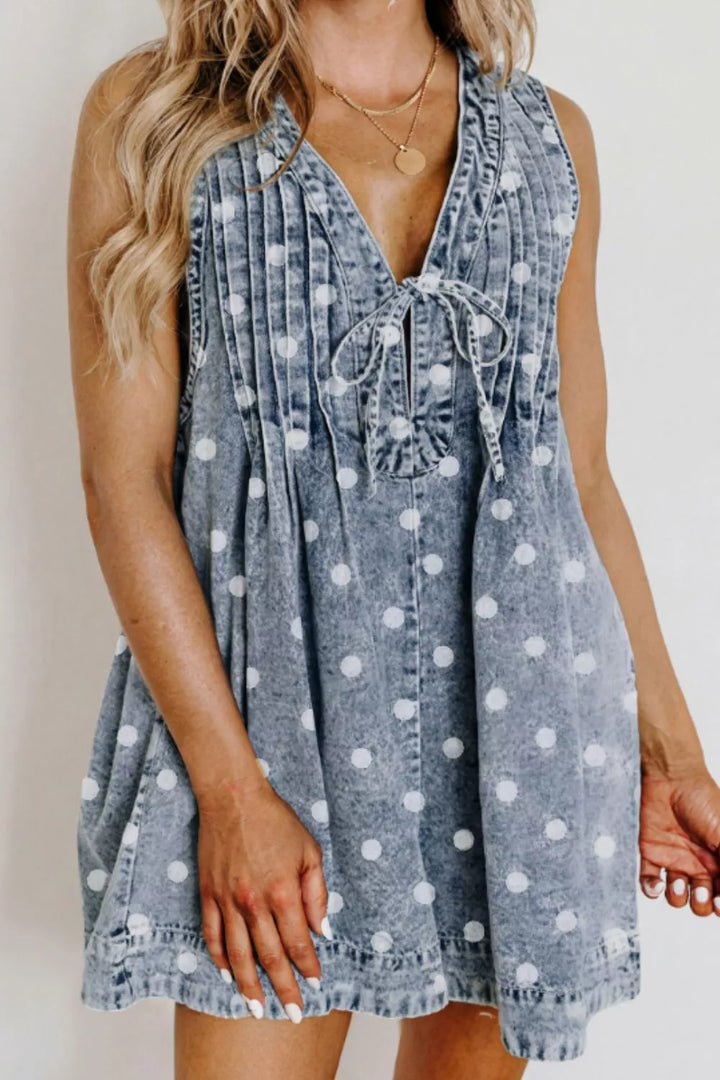 Light Blue Pintucked polka dot denim romper with tie V-neck