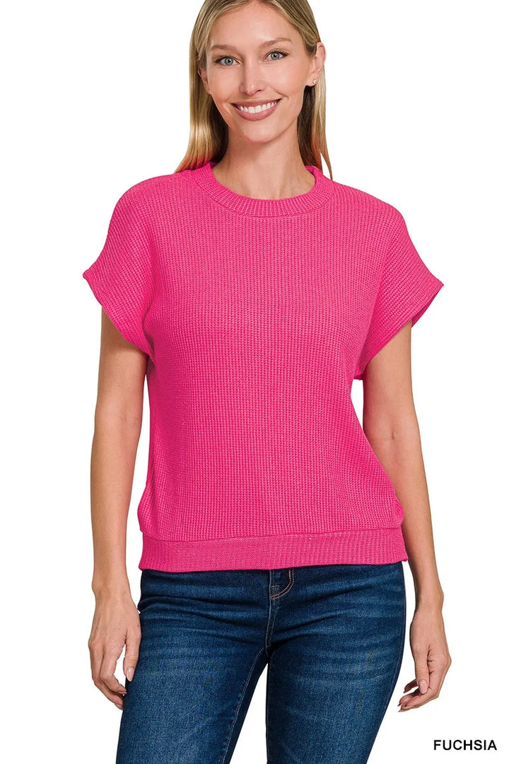 FUCHSIA Waffle knit short sleeve sweater with banded hem