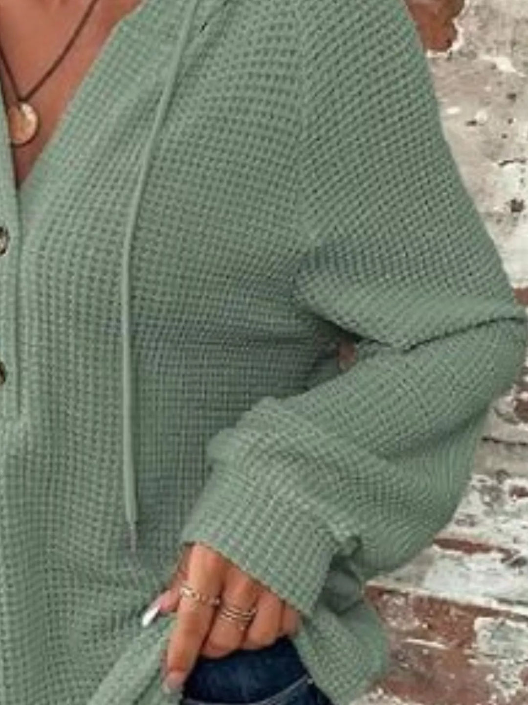 Waffle knit button-front hoodie with drawstring hood