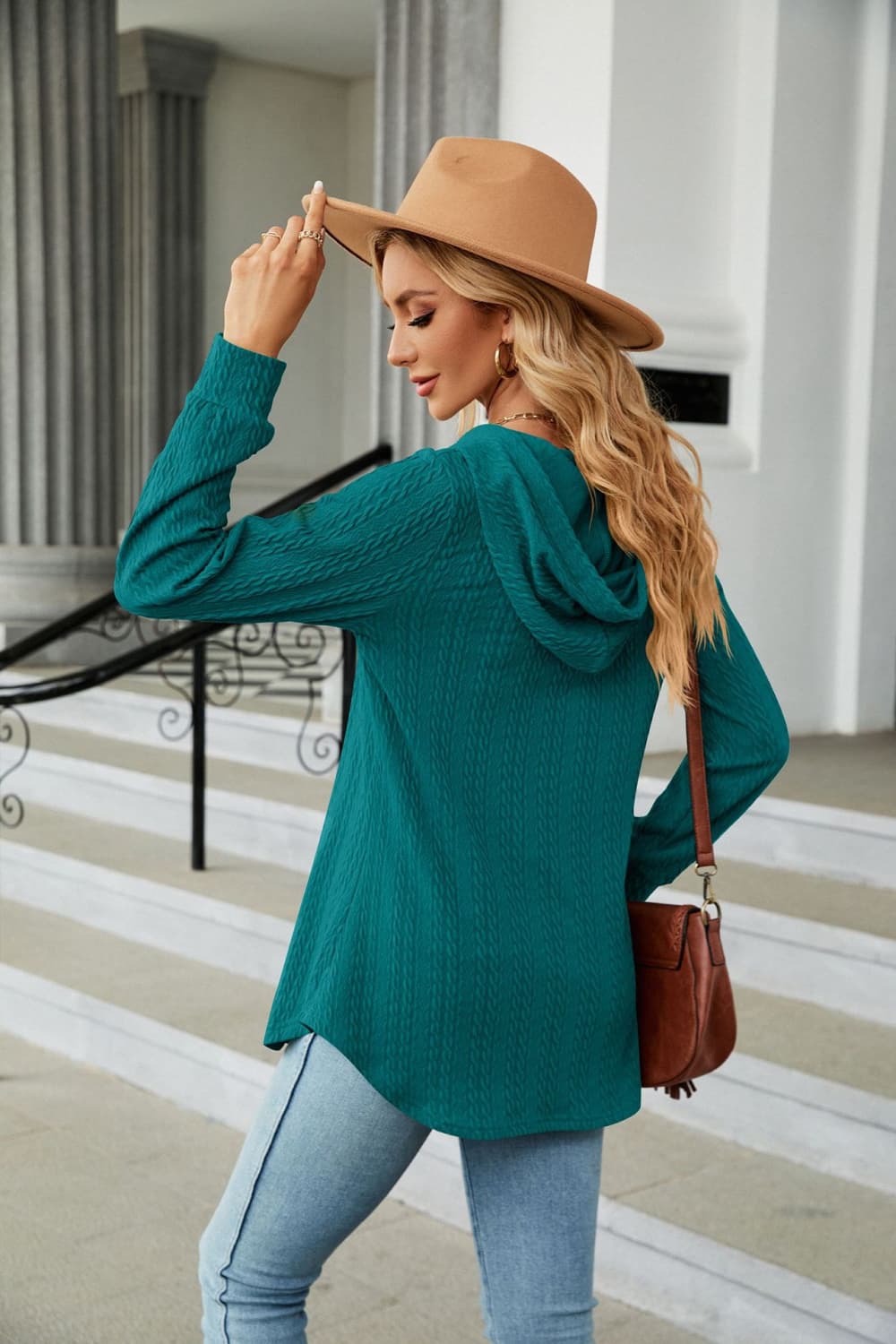 Cable knit hooded top with tie neck and button placket