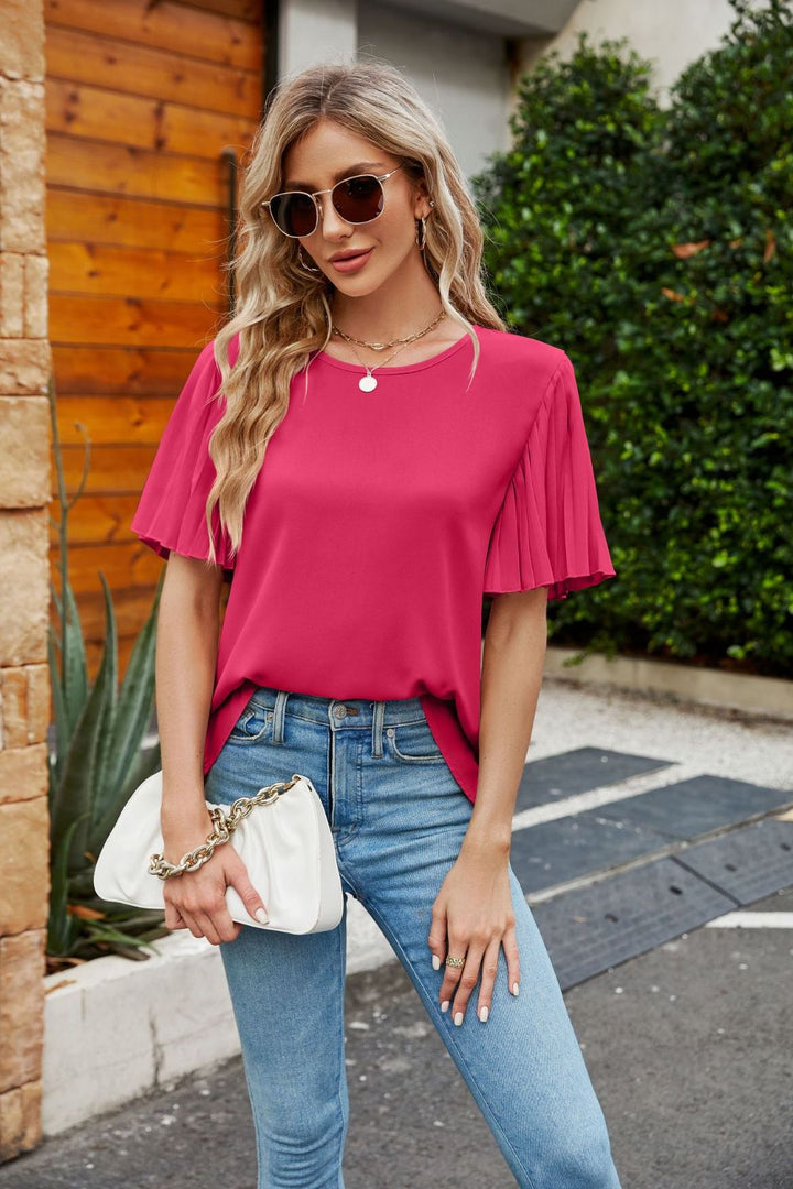 Deep Rose Pleated flutter sleeve round neck blouse