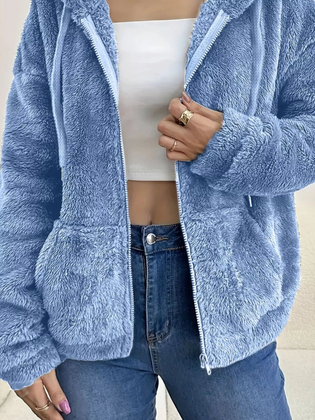 Fuzzy fleece hooded zip-up jacket with front pockets