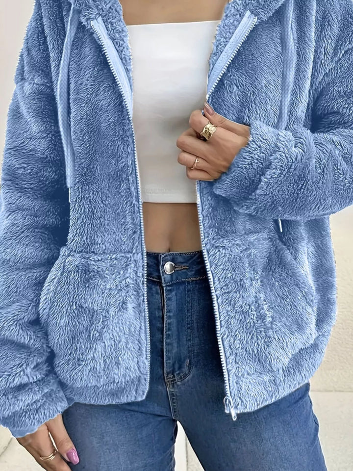 Fuzzy fleece hooded zip-up jacket with front pockets