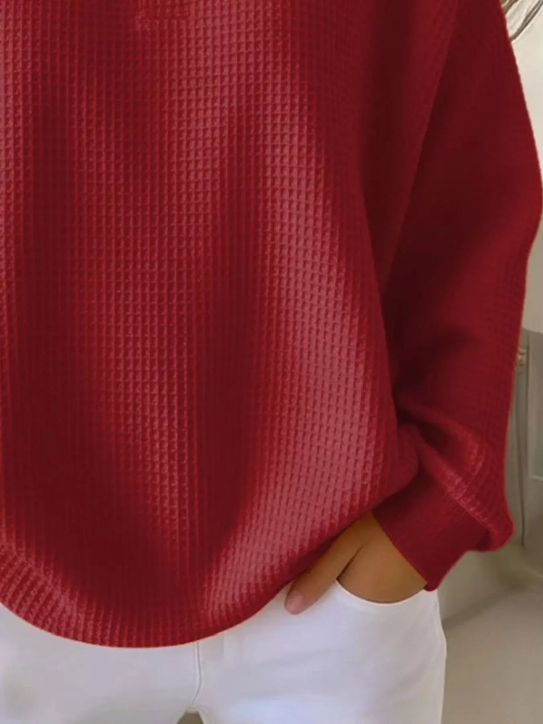 Waffle knit henley top with button placket and long sleeves