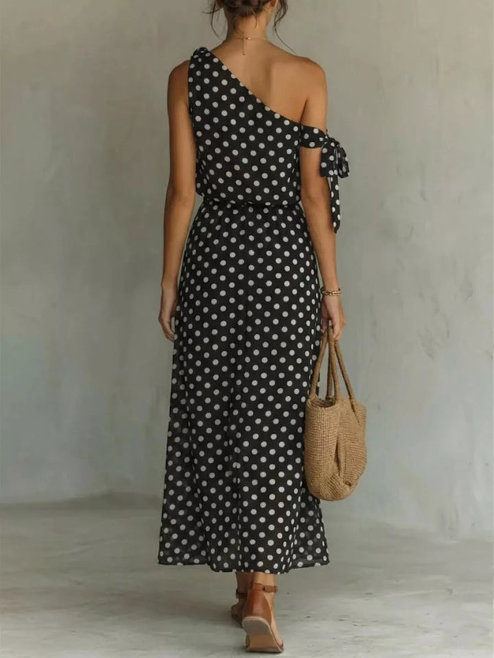 Polka dot one-shoulder maxi dress with shoulder tie