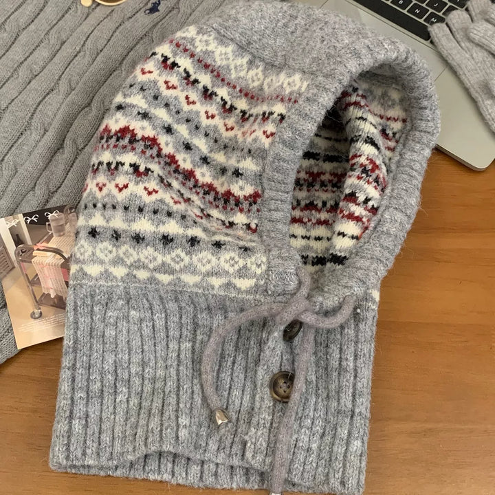 Gray Fair isle knit balaclava hood with drawstring tie
