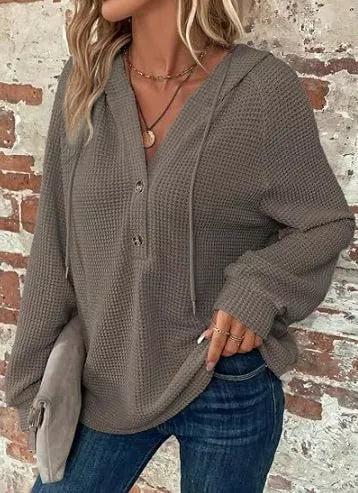 Gray Waffle knit button-front hoodie with drawstring hood