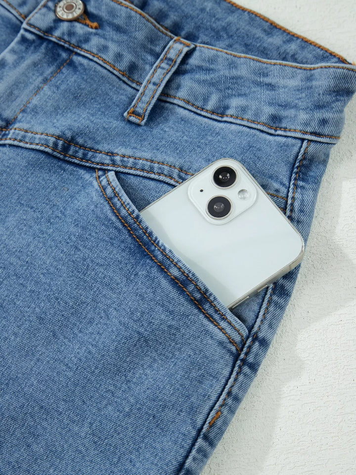High-rise cuffed denim shorts with double-button waist