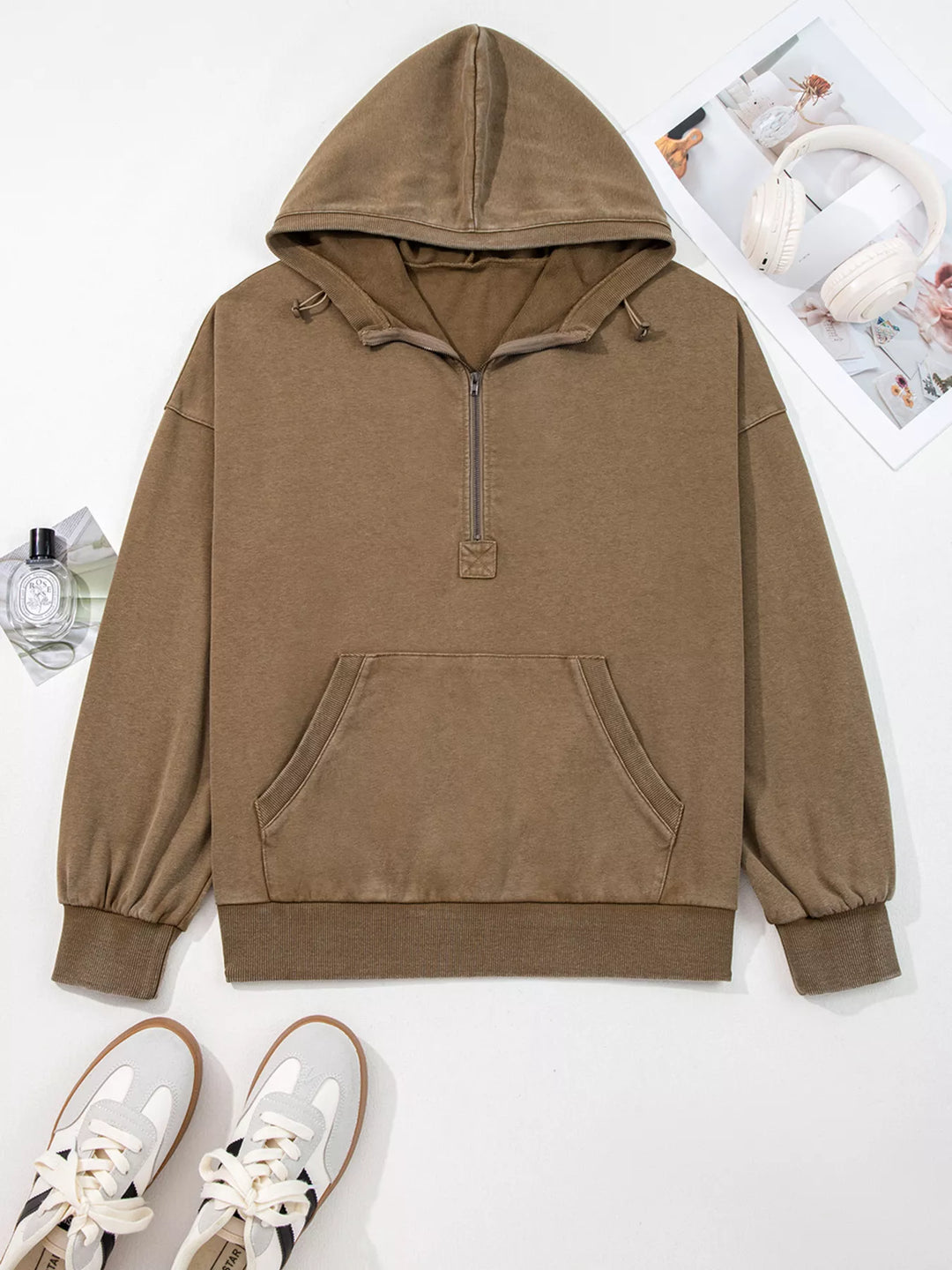 Mineral wash half-zip baggy hoodie with kangaroo pocket