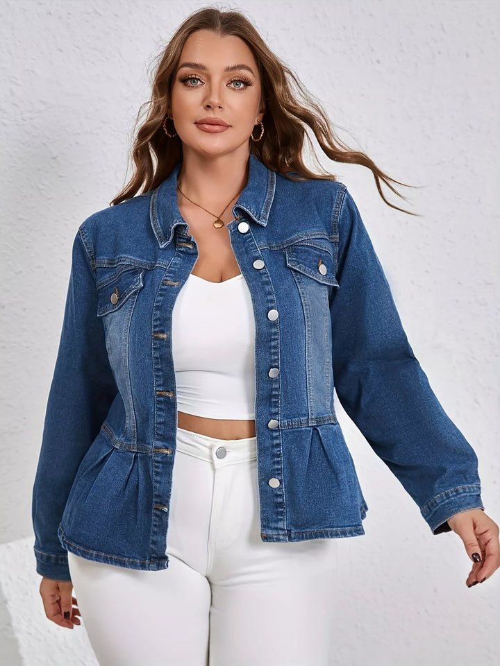 Ruched peplum denim jacket with button-up front