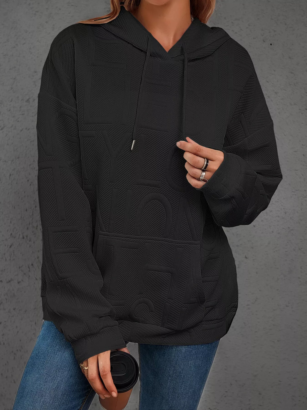 Black Textured embossed letter pullover hoodie with front pocket