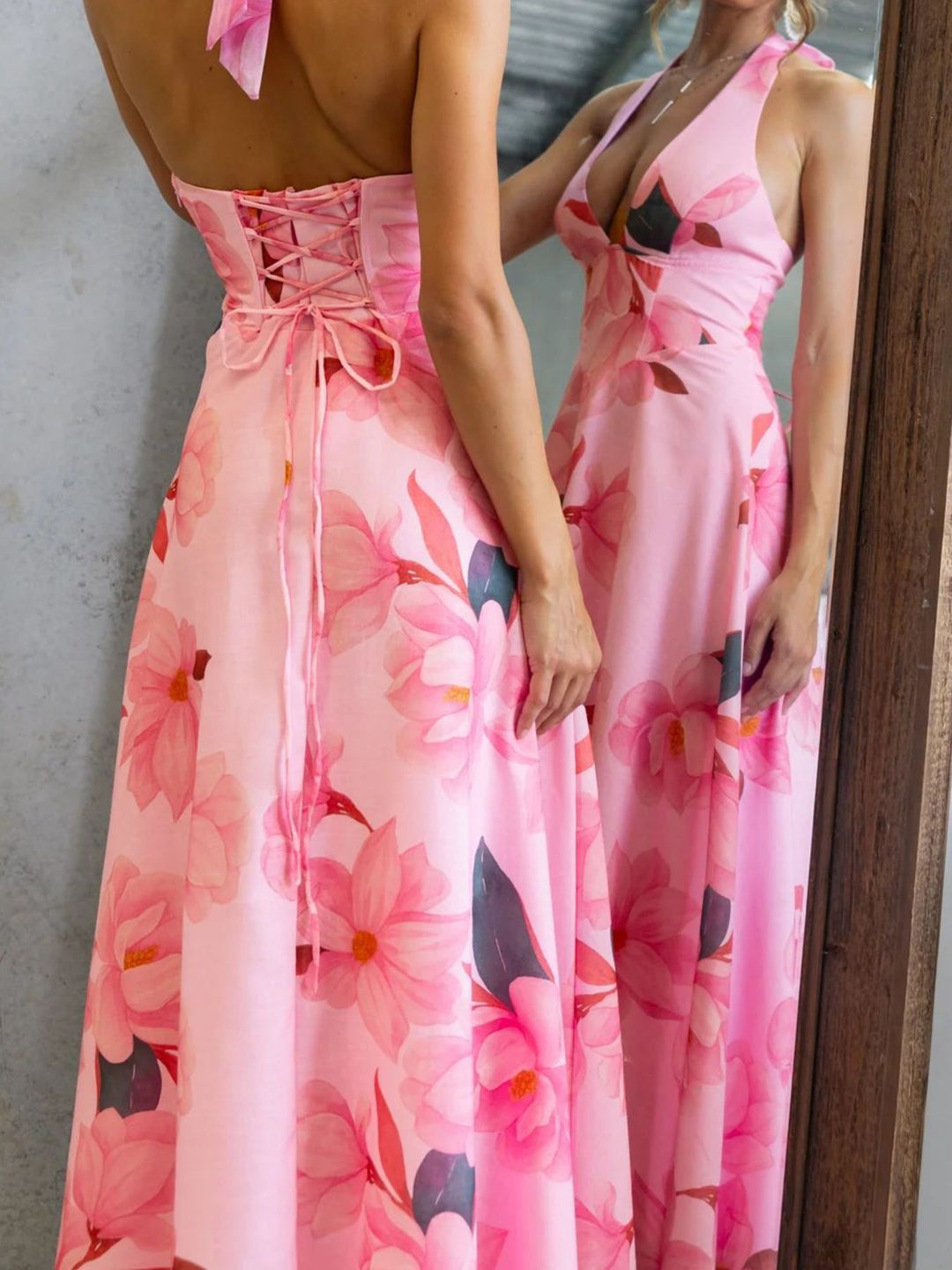 Floral print halter maxi dress with lace-up back
