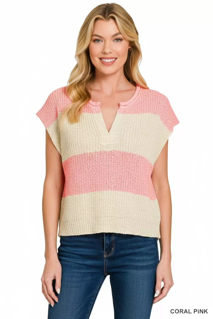 CORAL PINK Split-neck striped short-sleeve knit sweater