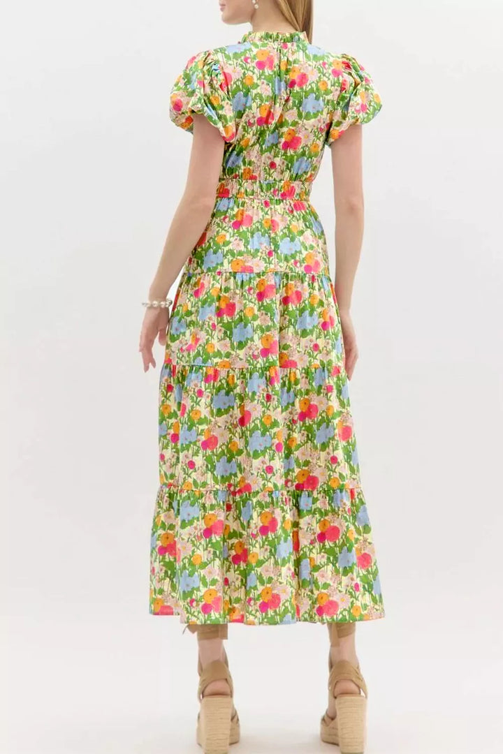 Tiered floral cotton maxi dress with puff sleeves