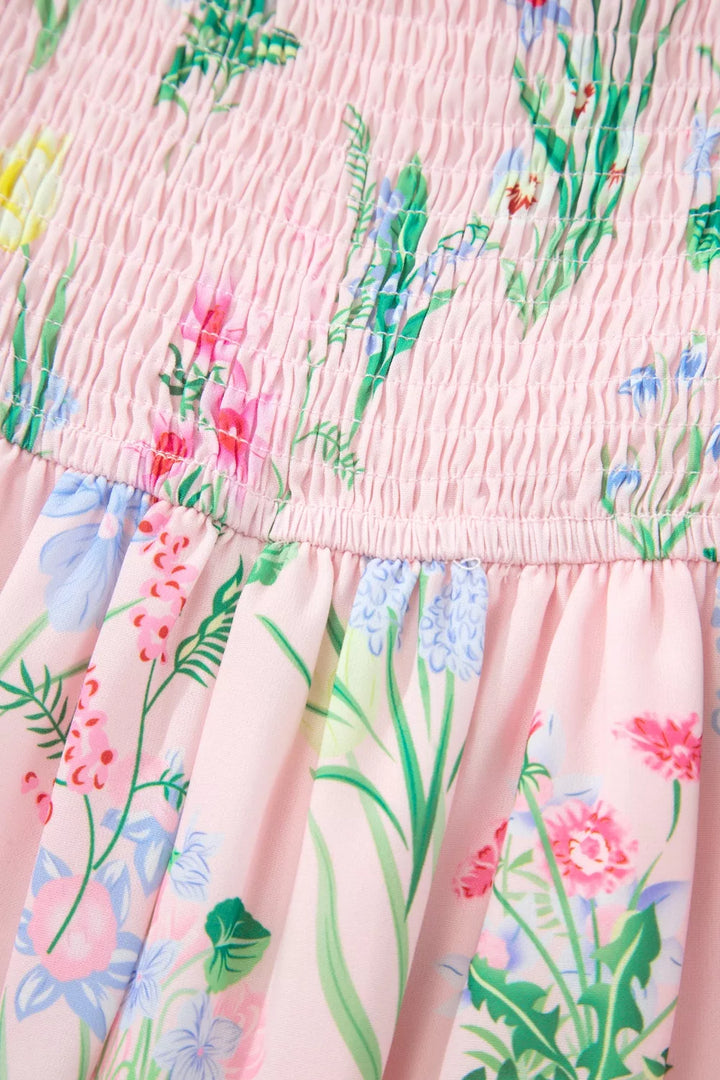 Floral midi dress with self-tie straps and scalloped trim