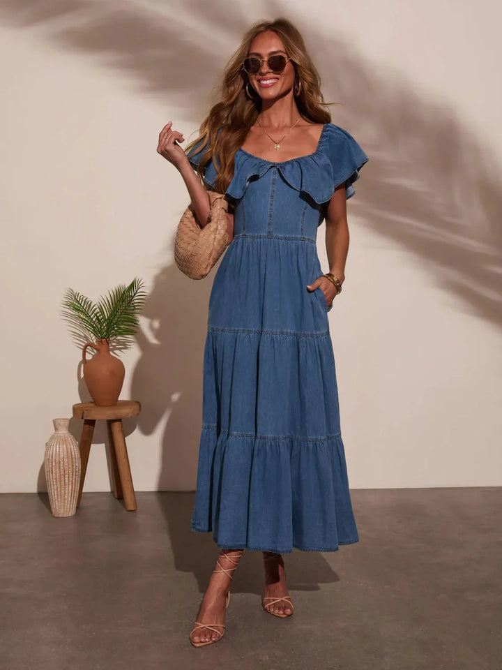 Off-shoulder tiered ruffle denim midi dress