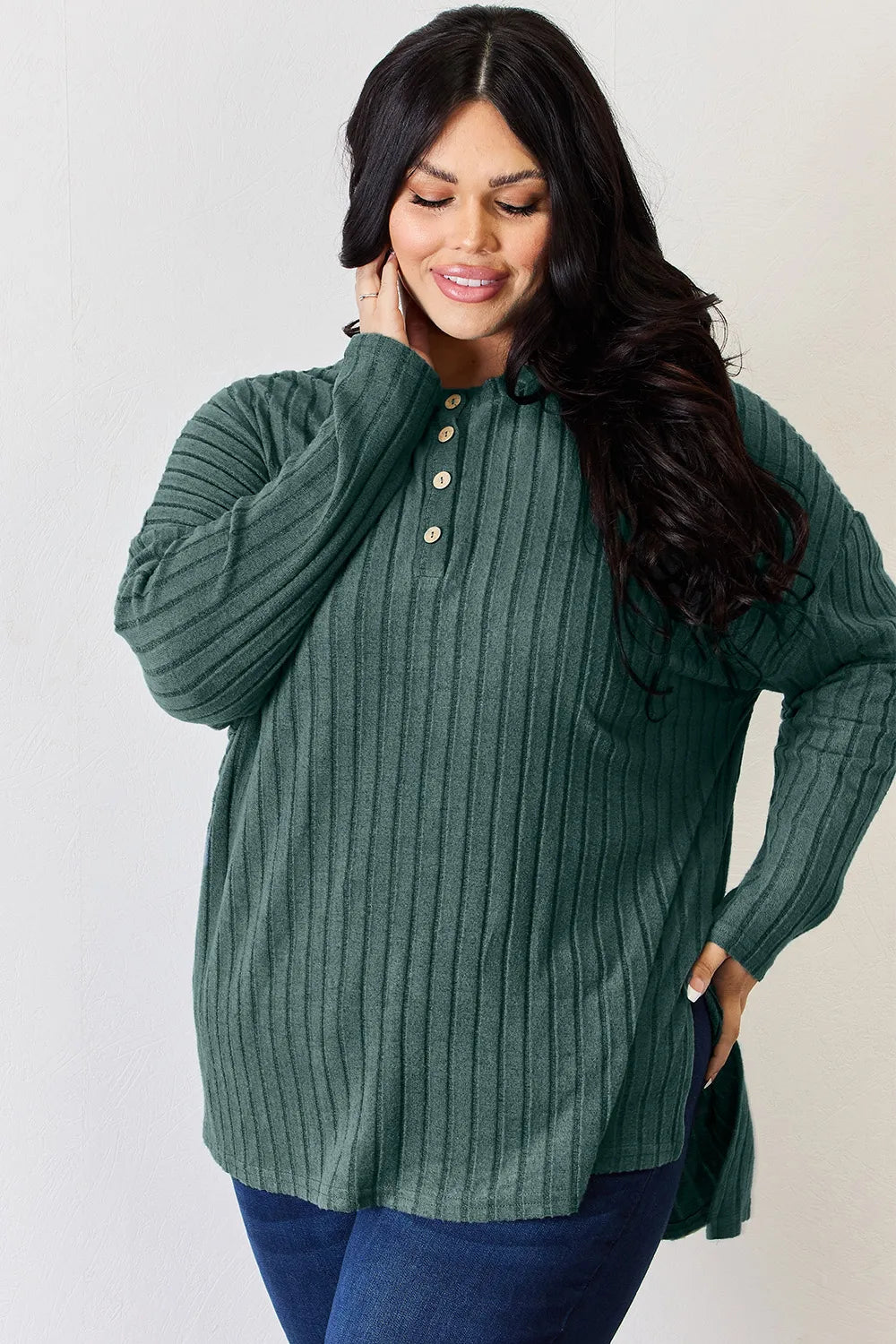 Ribbed knit half-button long sleeve high-low top