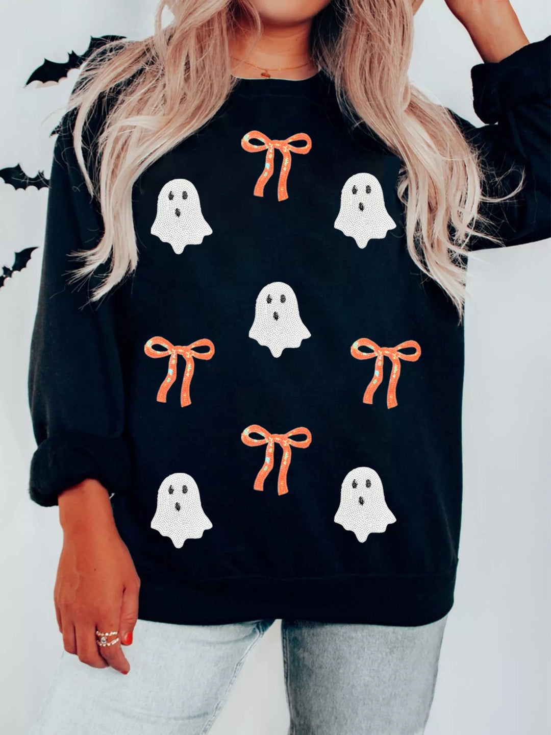 Sequin ghost and bow drop shoulder sweatshirt