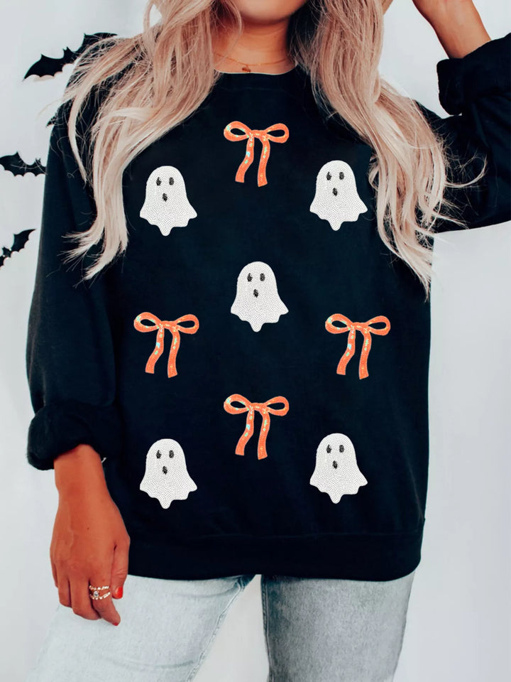 Sequin ghost and bow drop shoulder sweatshirt