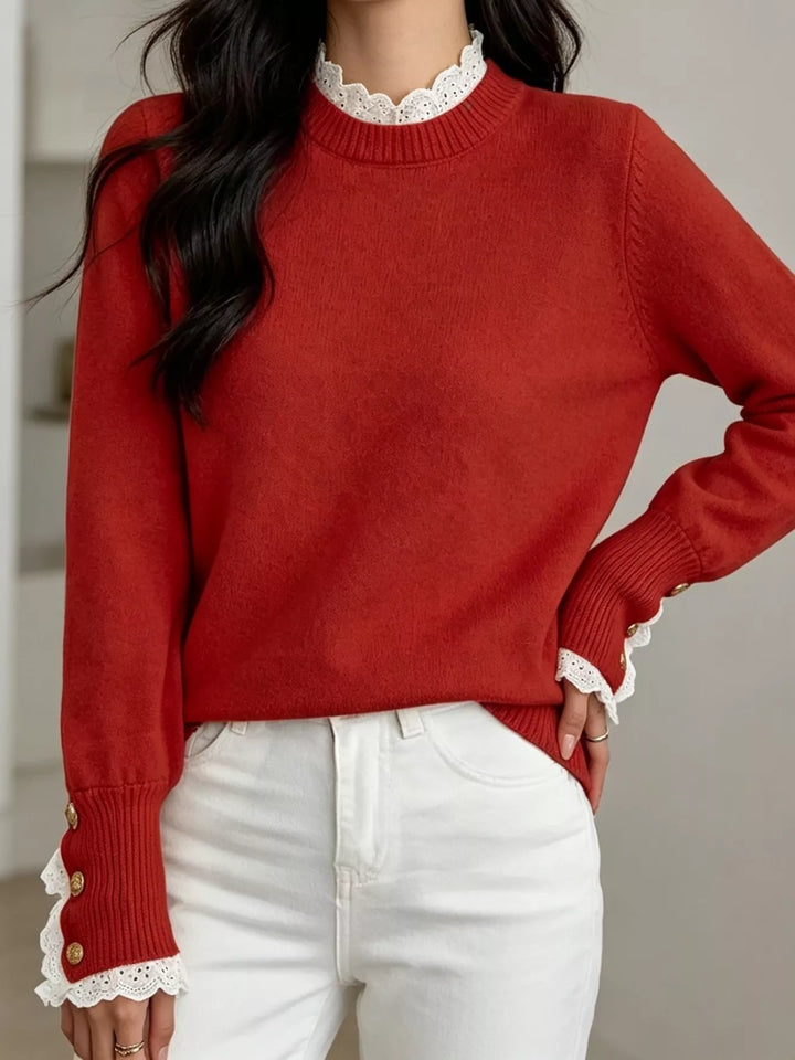 Red Lace trim crew neck sweater with buttoned ribbed cuffs