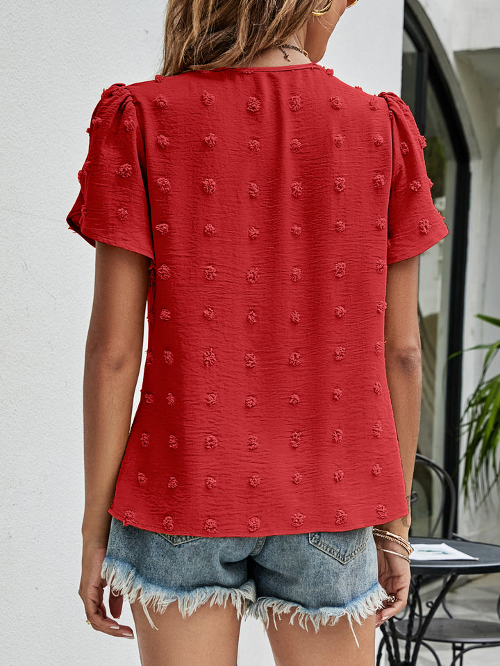 Swiss dot petal sleeve top with pleated round neck