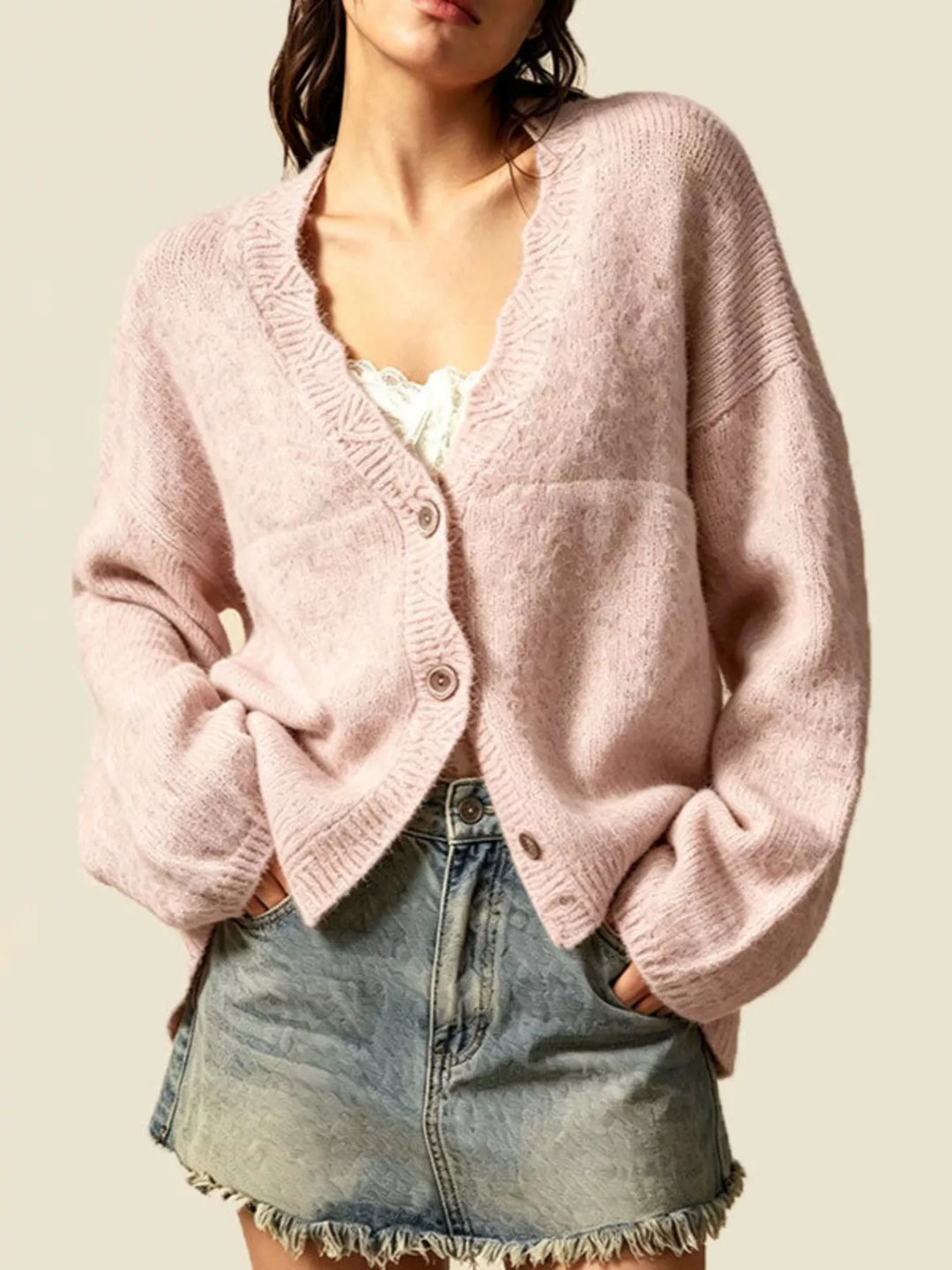Blush Pink Oversized V-neck button-down knit cardigan with textured trim