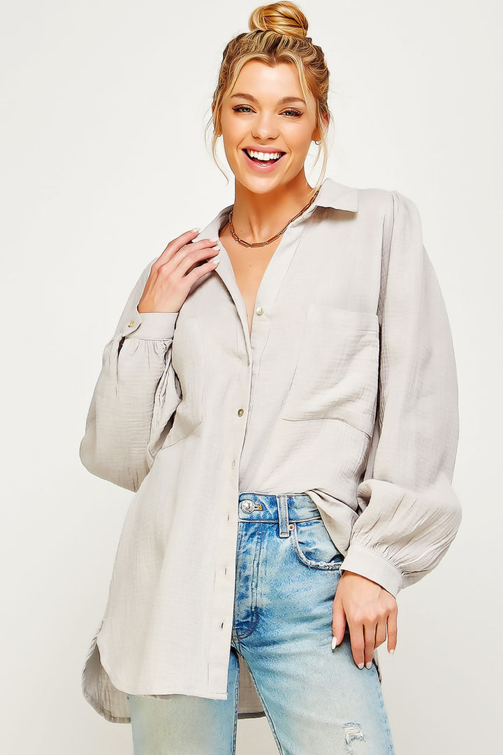 Marseille Textured Gauze Button Down Puff Sleeve Blouse