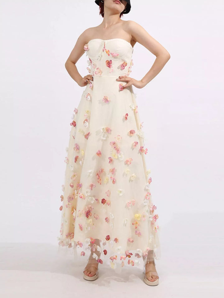 Strapless tulle maxi dress with 3D floral appliques