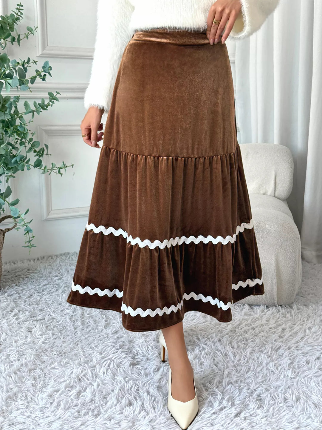 Tiered velvet midi skirt with ric-rac wave trim