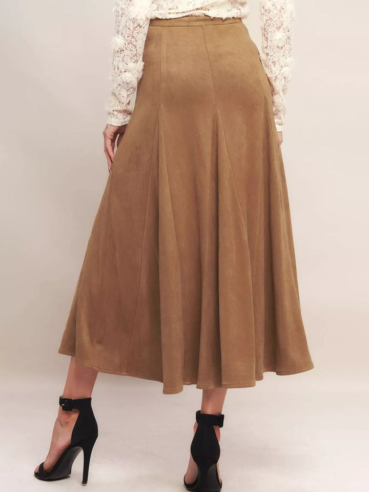 Flowy high-waist A-line midi skirt in suede-touch fabric