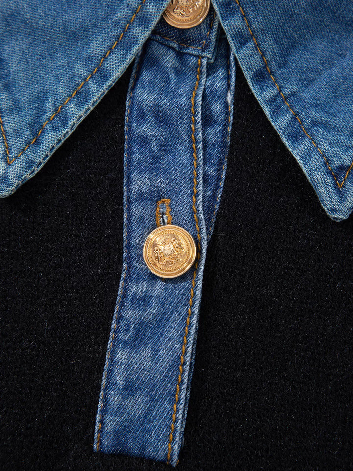 Denim collar knit sweater with button placket and cuffs