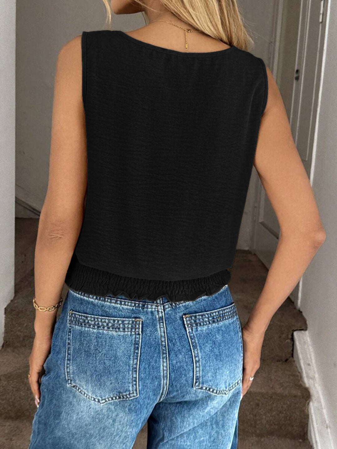 Smocked waist sleeveless tank with round neck