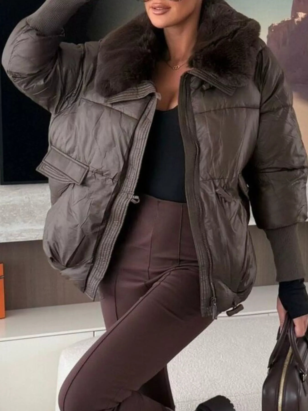 Glossy padded puffer jacket with faux fur collar