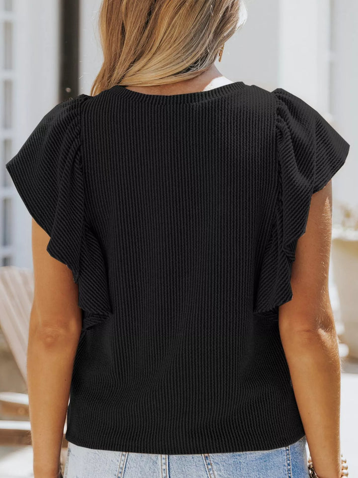 Ribbed knit top with ruffled cap sleeves