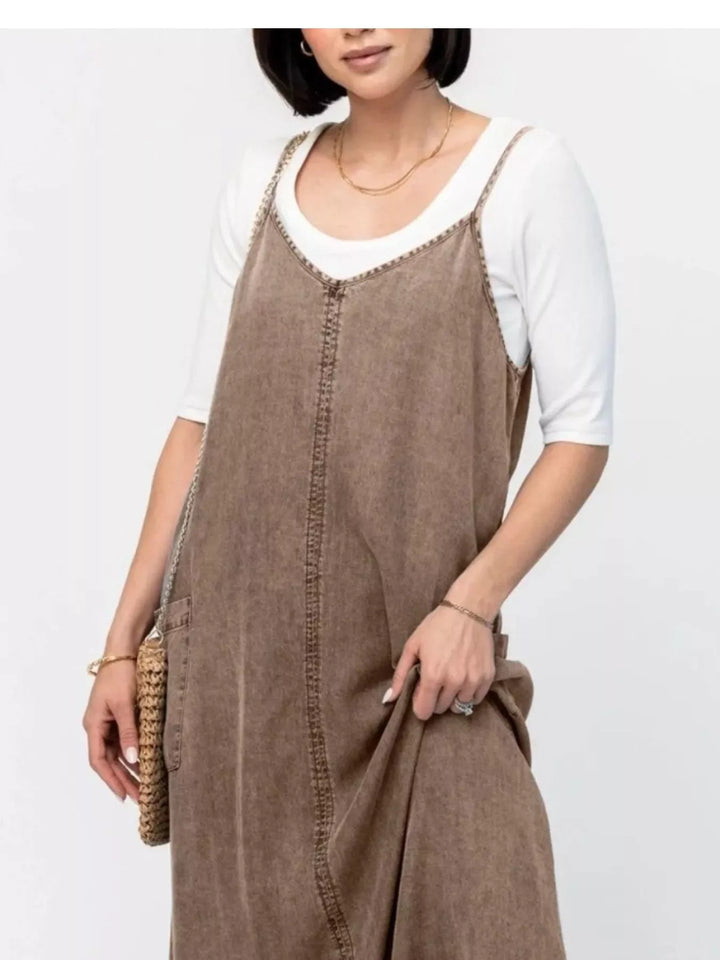 Washed denim cami maxi dress with side pockets