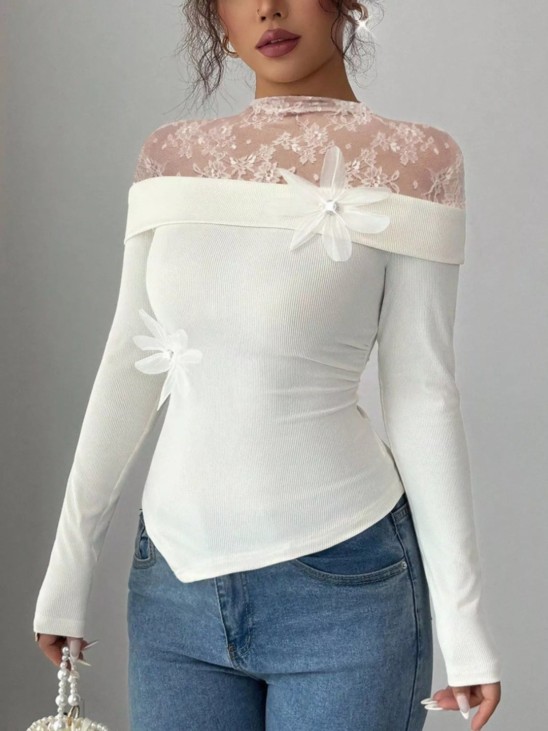 Sheer lace yoke long sleeve fitted top with flower trim