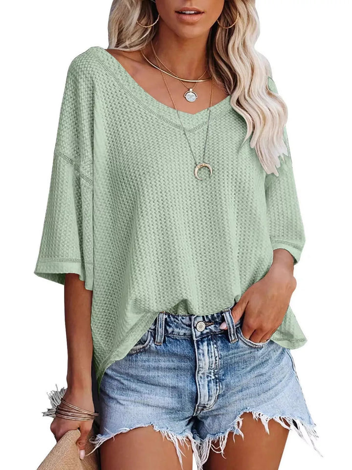 Light Green Waffle knit v-neck drop shoulder short sleeve tee