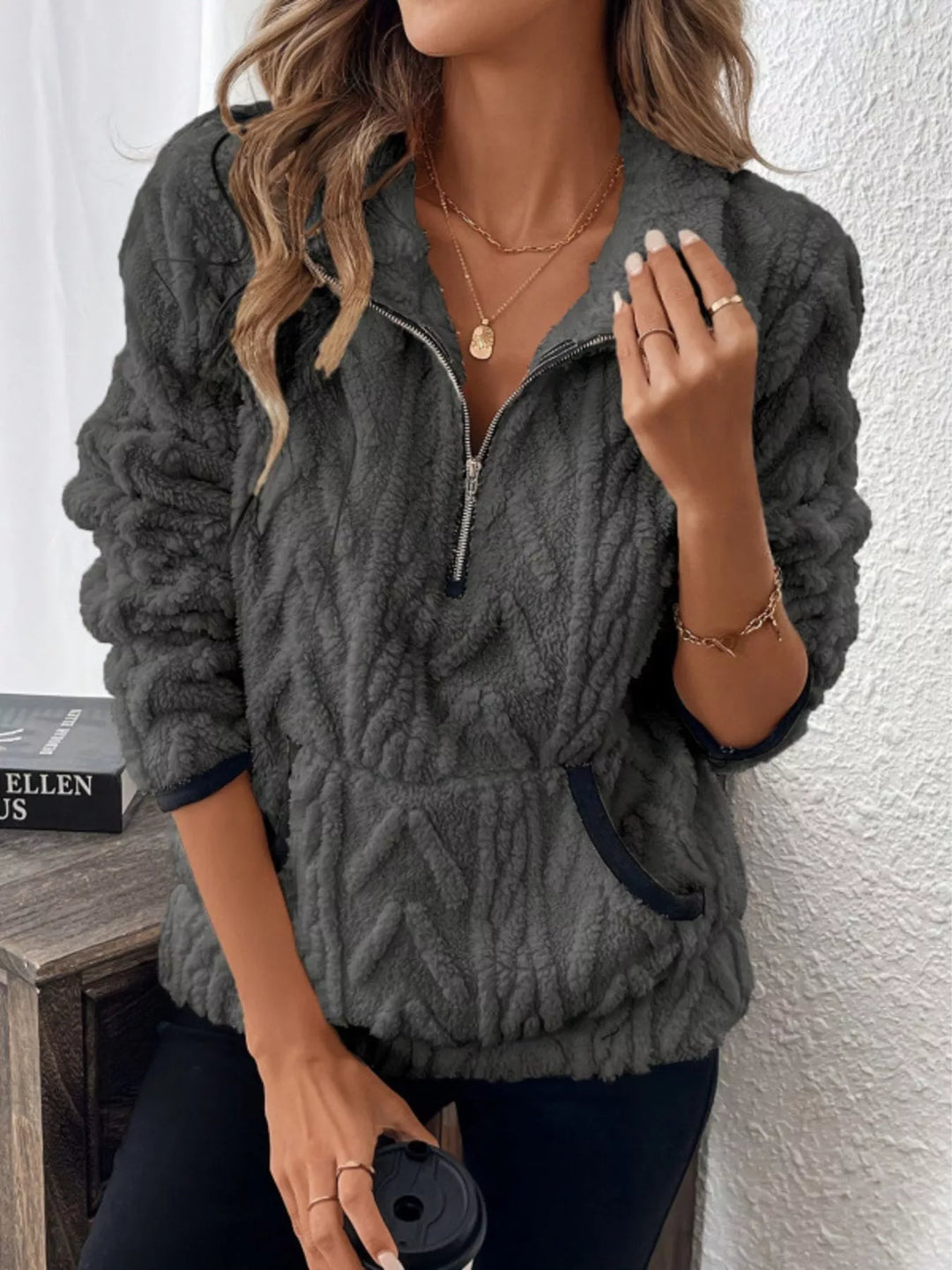 Dark Gray Textured sherpa half-zip pullover with contrast trim