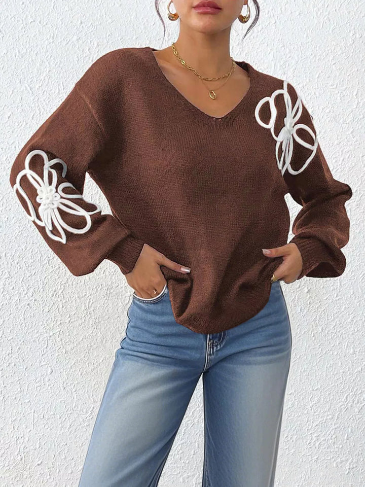 Floral applique V-neck drop shoulder knit sweater